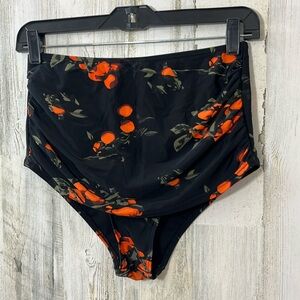 Cocoship Swim Bottoms Size 6 Black Red Floral Print Slimming Ruching High Waist